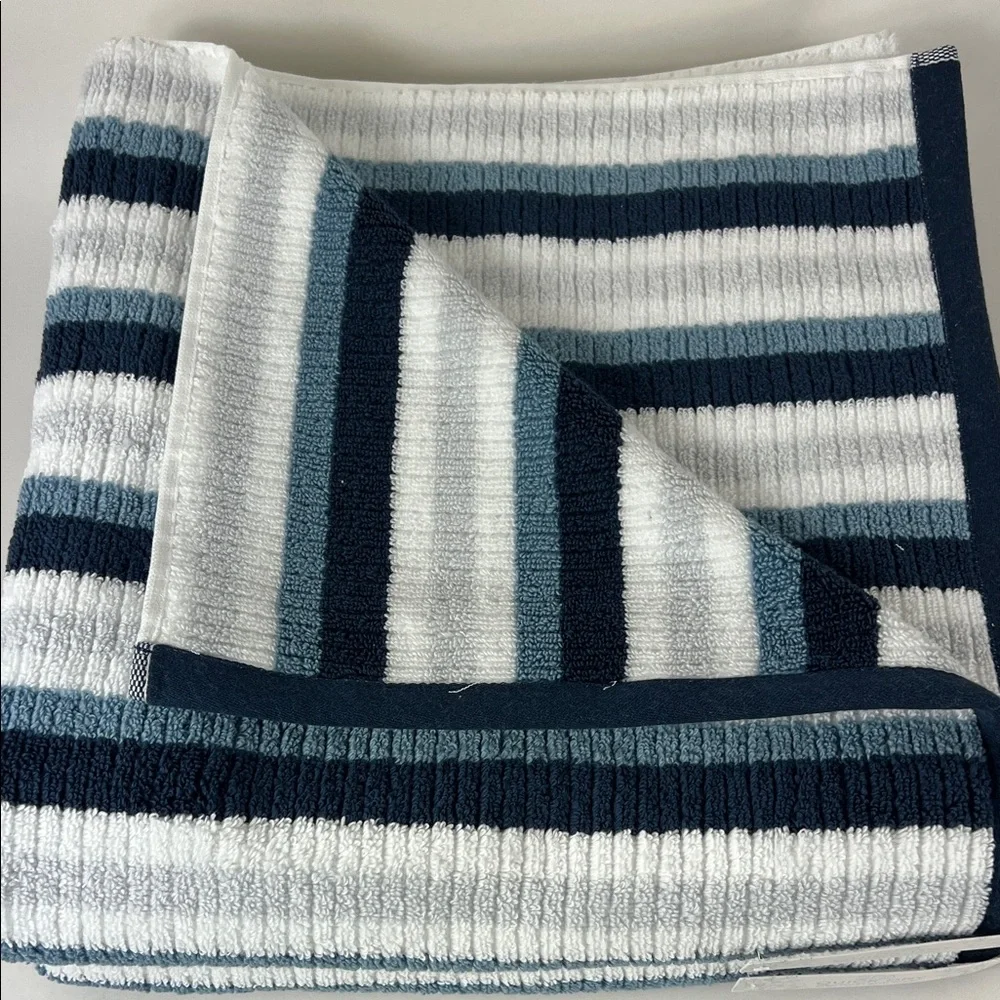 SPA Luxury Bath Towels Blue Gray White Striped Quick Dry Cotton Set of 2 NEW